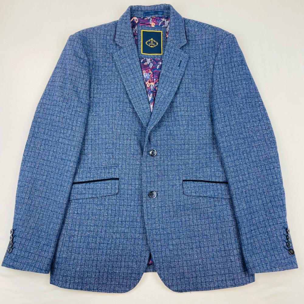 House of Cavani Mens Blue Textured Tweed Blazer Jacket UK 40R Floral Lining - Picture 2 of 13